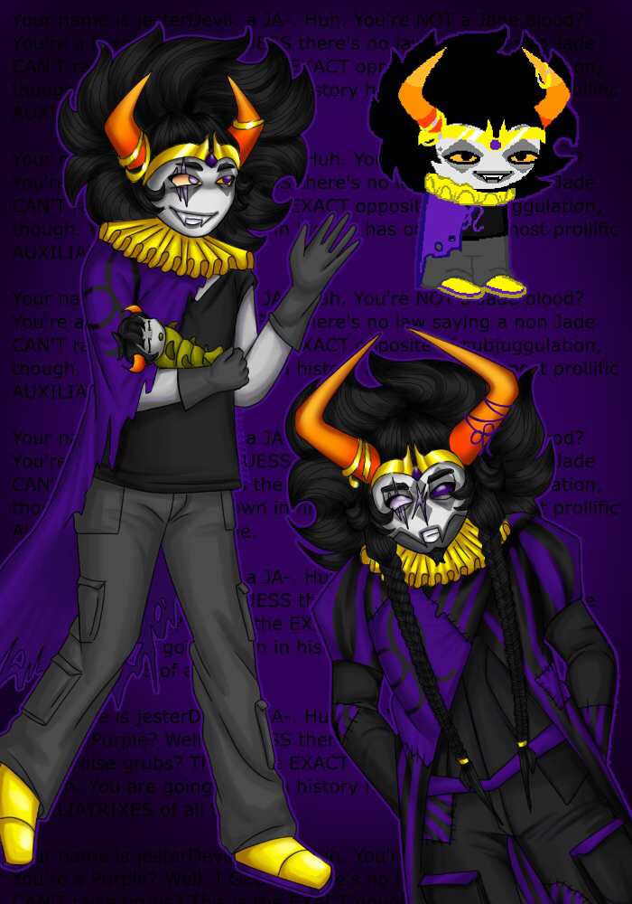 A digital drawing of my auxiliatrix in WigglerSim, jesterDevil, a purpleblood, as well as an older version of him. During his younger years, he wears a crown, horn jewelry, a neck ruffle, a torn purple cape, grey gloves and cargo pants, and a black shirt. During his older years, he has the same jewelry, a ribbon tied around his left horn, the same neck ruffle, a patterned and patchworked cape, a black corset top, and black cargo pants.